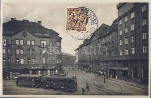 Ostrava 28 October street with Bar Boccaccio, Hotel Palace, Commercial-Industrial Bank and tram