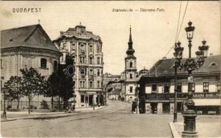 1910 Budapest I. Tabán, Döbrentei tér, gyógyszertár, templom, Keller Ignác üzlete, Tabáni bor és sörcsarnok, villamos megállóhely (EK)