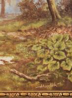 Hajduk István (-): Gombaszedő. Olaj, fa. Dekoratív, kissé sérült fakeretben. 30×40 cm