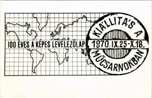 1970 100 Éves a Képes Levelezőlap Kiállítás a Műcsarnokban, reklám. Képzőművészeti Alap + CM