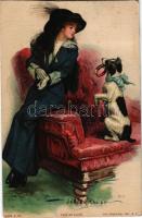 1918 Take me along. Lady art postcard with dog. The Knapp Co. Inc. s: Lester Ralph (EK)