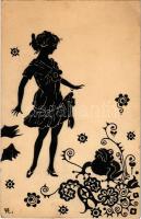 1918 Silhouette lady art postcard with frog, hand-drawn (non PC) (EK)