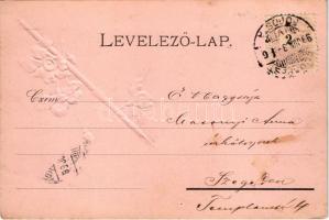 1899 (Vorläufer) Emb. litho greeting card with flowers and pen. F.P.S.i.G. Nr. 75. (EK)