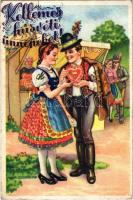 1944 Kellemes húsvéti ünnepeket / Easter greeting art postcard, Hungarian folklore (EB)