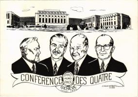 1955 Geneve, Conférence des Quatre Ministres des Affaires Étrangéres - Pro Mundi pace / Geneva Summit: Dwight D. Eisenhower of the United States, Prime Minister Anthony Eden of Britain, Premier Nikolai A. Bulganin of the Soviet Union, and Prime Minister Edgar Faure of France. J.H. &amp; V. Nicolet Graveurs + So. Stpl