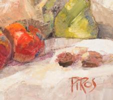 B. Hegedűs Piros(1962-): Csendélet gyümölcsökkel. Olaj, farost, jelzett. Dekoratív fakeretben. 44x54...