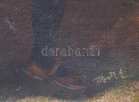 Tibor E jelzéssel (Tibor Ernő?): Asszony kislánnyal. Olaj, vászon. Sérült. Dekoratív fakeretben. 66,...