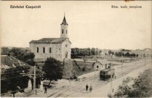 1921 Budapest XXI. Csepel, Szent Imre tér, Római katolikus templom, HÉV vasútállomás, vonat (fl)