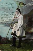 1907 Norwegian folklore, woman with rake (EK)