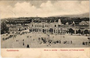 1906 Gyulafehérvár, Karlsburg, Alba Iulia; Fő tér és vároldal, takarékpénztár, Fürst, Weiss, Adler és Herman üzlete, Hungária szálloda. Weisz Bernát kiadása / main square, shops, savings bank, hotel (EK)