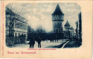 Nagyszeben, Hermannstadt, Sibiu; Stadttheater und Harteneck-Türme / Városi színház és Harteneck tornyok. Verl. d. Buchh. G. A. Seraphin / street view, theatre, towers