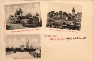 ~1901 Szentágota, Agnetheln, Agnita; Evangélikus templom és iskola 30 éve, 10 éve és ma / Schule und Kirche vor 30 Jahre, vor 10 Jahre und heute / Lutheran school and church 30 and 10 years ago and now