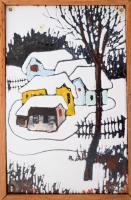 Behavazott táj. Tűzzománc, fémlemez, jelzés nélkül, fakeretben. Apró sérülésekkel. 18,5×12 cm