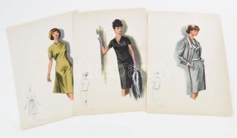 cca 1960 3 db vintage női divatkép, ofszet nyomat, papír, 34x23,5 cm