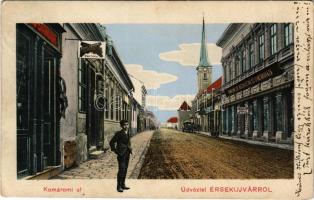 1913 Érsekújvár, Nové Zámky; Komáromi út, Komáromi Ede vászon, kézmű és divatáruháza, Ruhig Sándor cipész raktára, üzlet / street, shops (EK)