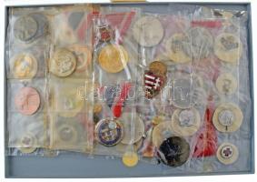 54db-os vegyes, főleg szocialista jelvény, kitüntetés tétel, közte 1956. "Bányász Szolgálati Érdemérem" aranyozott fém kitüntetés mellszalagon, zománcozott bronz vöröskeresztes jelvények, lövész díjérem, egészségügyi témájú jelvények T:vegyes