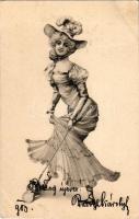 1903 Boldog Újévet / New Year greeting art postcard with lady. Serie 1988. (fl)