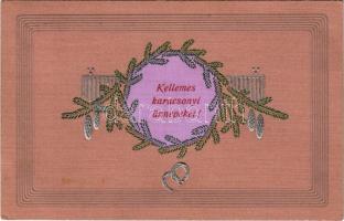 Kellemes karácsonyi ünnepeket / Christmas greeting art postcard with horseshoes. Art Nouveau, Emb. litho (EK)