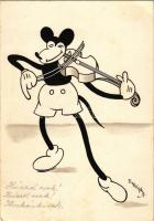 1934 Mickey egér játszik a hegedűn. Klösz korai Disney képeslap. Hátoldalon Izsák József rt. vegyészetigyár reklám / Mickey Mouse playing on the violin. Early Hungarian Disney postcard s: Bisztriczky (EK)