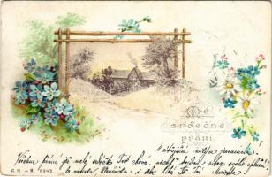 1899 (Vorläufer) Srdecné prání / Czech floral litho greeting card with watermill (kis szakadás / small tear)