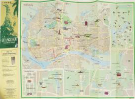 1982 Guangzhou Tourist Map, Bejing, Cartographic Publishing House, régi intézményi bélyegzésekkel, a címlapon bejegyzésekkel, címkével, 47x59 cm