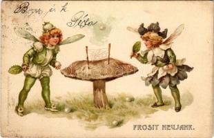 1904 Prosit Neujahr / New Year greeting art postcard, fairies playing ping-pong (table tennis) with leaves as rackets and mushroom as table with spiderweb net. Druck u. Verlag v. Wezel &amp; Naumann Serie 341. litho (fl)