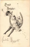 Prosit Neujahr / New Year greeting art postcard, lady with champagne, pig and horseshoe. Theo. Stroefer Serie 205. No. 10. (gyűrődés / crease)