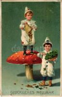 1912 Glückliches Neujahr / New Year greeting art postcard with mushroom, bag of gold and clovers. HWB Ser. 1703. Emb. litho (lyuk / pinhole)