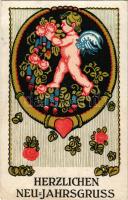 Herzlichen Neujahrsgruss / New Year greeting art postcard with cupid and roses (EK)