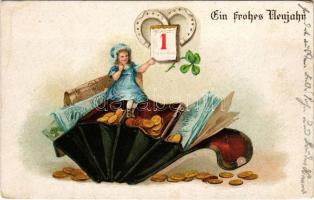 1917 Ein frohes Neujahr / New Year greeting art postcard with horseshoes and wallet. Emb. litho (lyuk / pinhole)