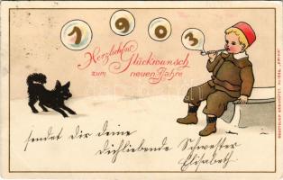 1902 Herzlichen Glückwunsch zum neuen Jahre / New Year greeting art postcard with black dog and boy smoking a pipe. ERIKA Nr. 1236. litho (EK)