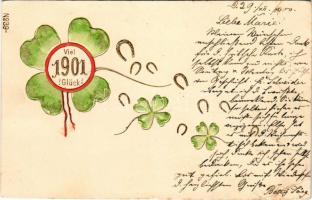 1900 Viel Glück 1901 / New Year greeting art postcard with horseshoes and clovers. Art Nouveau, Emb. litho (EB)