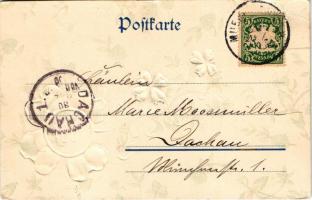 1900 Viel Glück 1901 / New Year greeting art postcard with horseshoes and clovers. Art Nouveau, Emb....