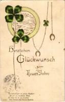 1906 Herzlichen Glückwunsch zum neuen Jahre / New Year greeting art postcard with horseshoes and clovers. Art Nouveau, Emb. litho (EK)