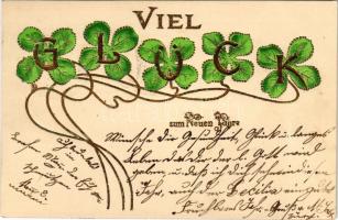 1901 Viel Glück zum neuen Jahre / New Year greeting art postcard with clovers. Art Nouveau, Emb. litho