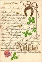 1900 Viel Glück / New Year greeting art postcard with bees, horseshoe and clovers. Art Nouveau, Emb. litho (EK)