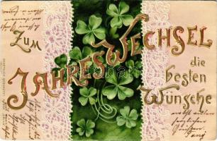 1901 Die besten Wünsche zum Jahreswechsel / New Year greeting art postcard with clovers, lace pattern. ERIKA Nr. 952. Art Nouveau, Emb. litho (lyuk / pinhole)