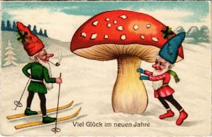 1935 Viel Glück im neuen Jahre / New Year greeting art postcard with skiing dwarf and mushroom (EK)