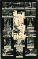 1906 Berlin, Tiergarten, Wasserfall im Tiergarten, Rolandbrunnen, Jung Wilhelm-Denkmal, Kronprinz Friedrich Wilhelm-Denkmal, Göthe-Denkmal, Neuer See, Brandenburger Tor, Tiergartenufer, Kaiser Friedrich Gedächtn. Kirche, Goldfischteich / park with monuments, ponds, memorial church