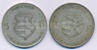 1947. 5Ft Ag "Kossuth" (2x) T:VF,F patina Adamo F8.1