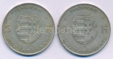 1947. 5Ft Ag "Kossuth" (2x) T:VF,F patina Adamo F8.1