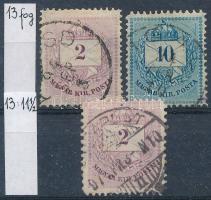 1890/91 2kr + 10kr bélyeg hamis 13-as fogazással + 2kr hamis 13 : 11 1/2 fogazással, összehasonlító célra