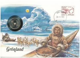 Grönland, benne Dánia 1987. 25ö felbélyegzett borítékban, bélyegzéssel, német nyelvű leírással T:UNC Greenland with Denmark 1987. 25 Öre coin in envelope with stamp and cancellation, with German description C:UNC