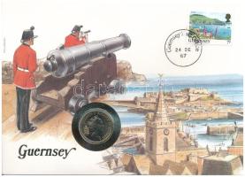 Guernsey 1987. 5p Cu-Ni felbélyegzett borítékban, bélyegzéssel, német nyelvű leírással T:AU Guernsey 1987. 5 Pence Cu-Ni in envelope with stamp, cancellation and a prospectus in german C:AU