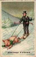 1911 Boldog új évet! Síelő kéményseprő malaccal / New Year greeting, skiing chimney sweeper with pig. Pittius litho