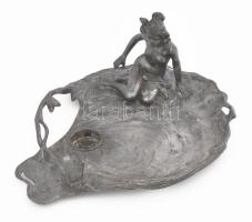 Jugendstil névjegykártyatartó, nimfa alak és béka figurákkal, üvegbetét nélkül, kopással, 28x22 cm