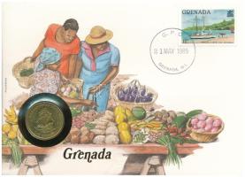 Kelet-Karibi Államok 1981. 1$ Al-bronz felbélyegzett "Grenada" borítékban, bélyegzéssel, német nyelvű leírással T:UNC East Caribbean States 1981. 1 Dollar Al-bronze in "Grenada" envelope with stamp and cancellation, with German description C:UNC