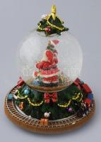 Karácsonyi dekoráció zenélő-mozgó üveggömbös dísz kis vonattal, újszerű, dobozában, m: 18 cm