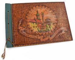 Régi fatáblás fotóalbum, a fatáblákon Sopront ábrázoló illusztrációkkal, üres, 23x33 cm