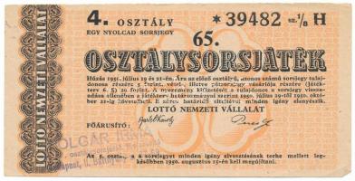 1950. "65. Osztálysorsjáték" 4. osztály 1/8 sorsjegy, "H" sorozat T:AU